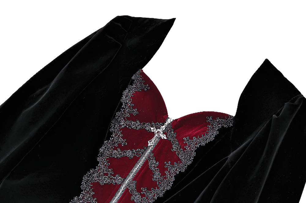 Women's Gothic Black Velvet Burgundy Lace Tailcoat Jacket with cross zipper and dramatic Victorian vampire style
