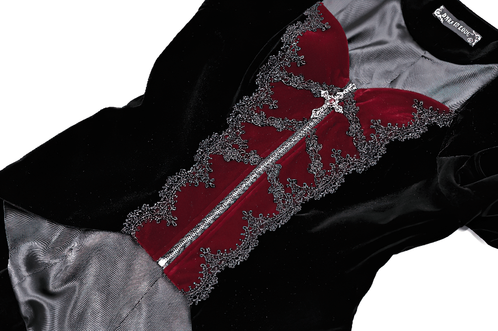Women's Gothic Black Velvet Burgundy Lace Tailcoat Jacket, Victorian vampire blazer with silver cross zipper and asymmetric hem