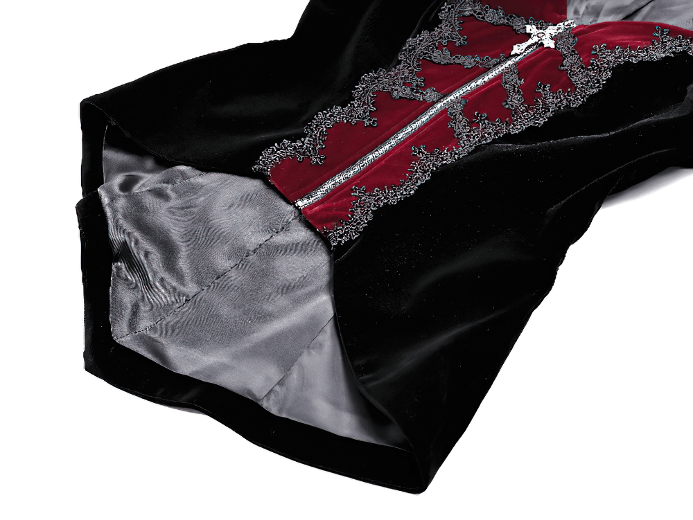 Women's Gothic Black Velvet Burgundy Lace Tailcoat Jacket with silver cross zipper and asymmetric hem