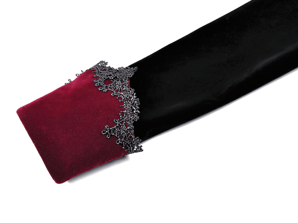 Women's Gothic Black Velvet Burgundy Lace Tailcoat Jacket, black sleeve with burgundy cuff and ornate lace trim