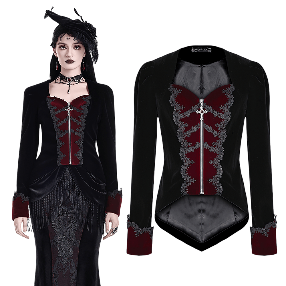 Women's Gothic Black Velvet Burgundy Lace Tailcoat Jacket, fitted Victorian blazer with cross zipper and asymmetric hem