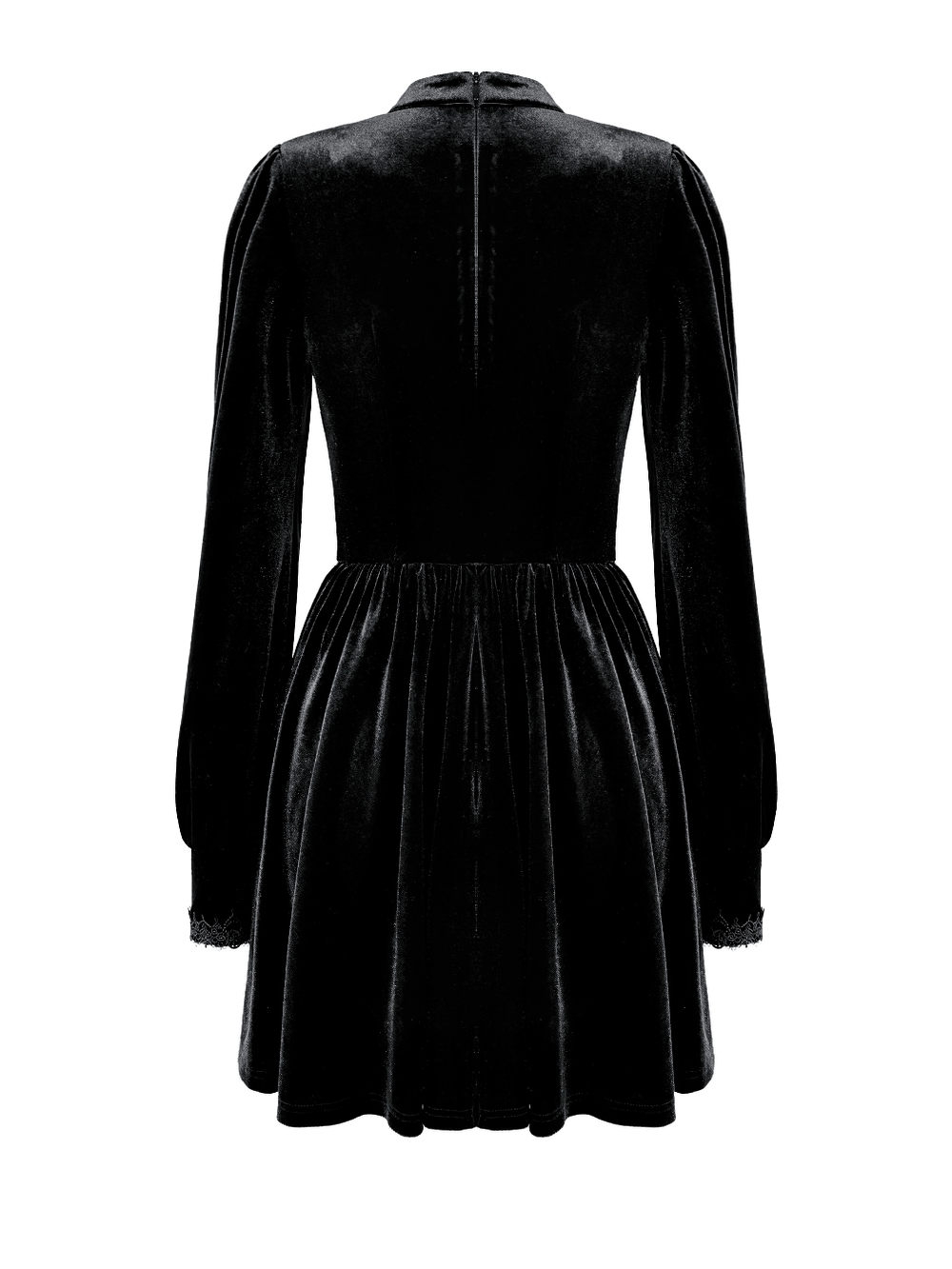 Women's Gothic Black Velvet Lace High Neck Mini Dress, Victorian-inspired black velvet skater dress with long sleeves and lace cuffs