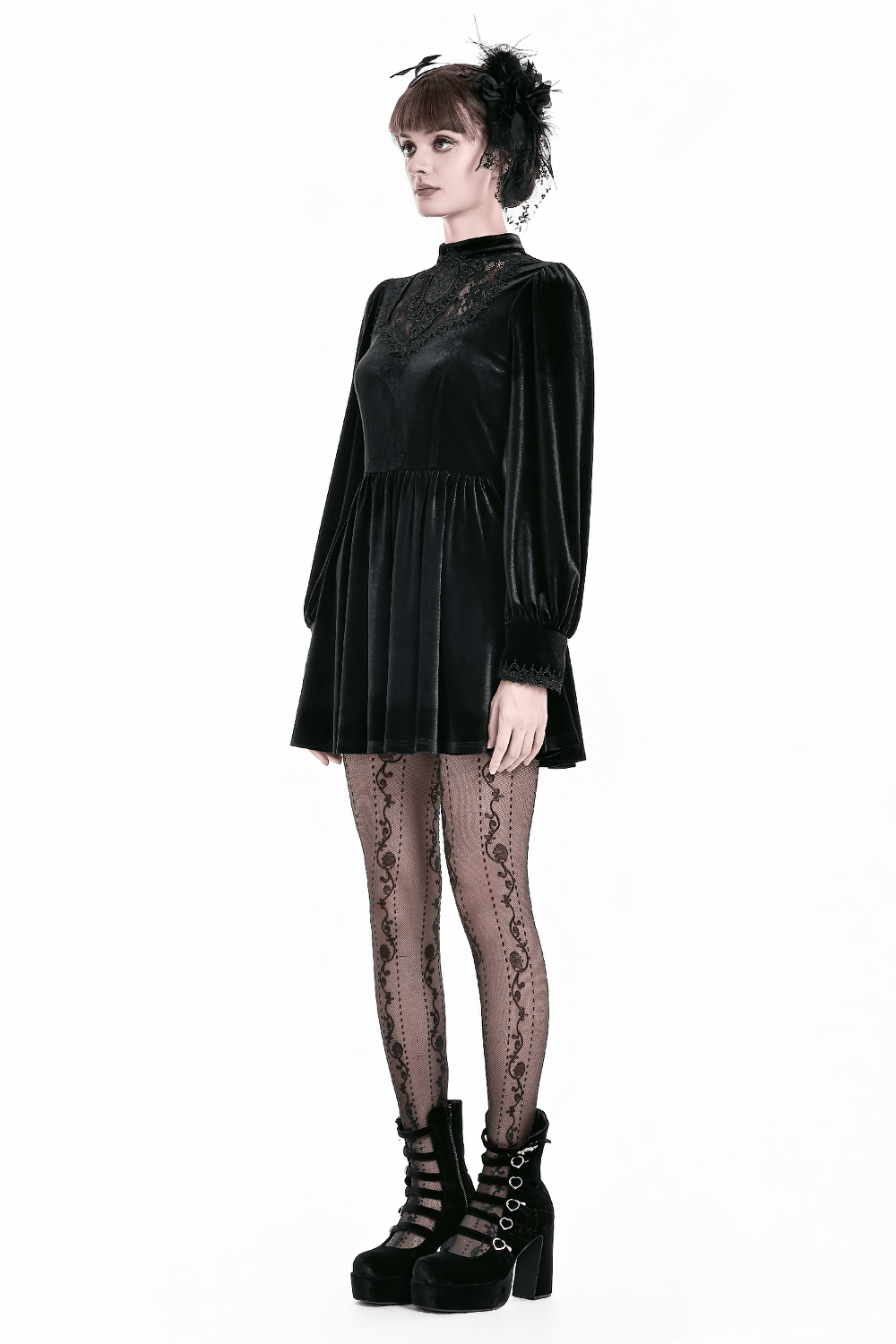 Women's Gothic Black Velvet Lace High Neck Mini Dress, Victorian dark romantic puff sleeve skater dress with lace yoke