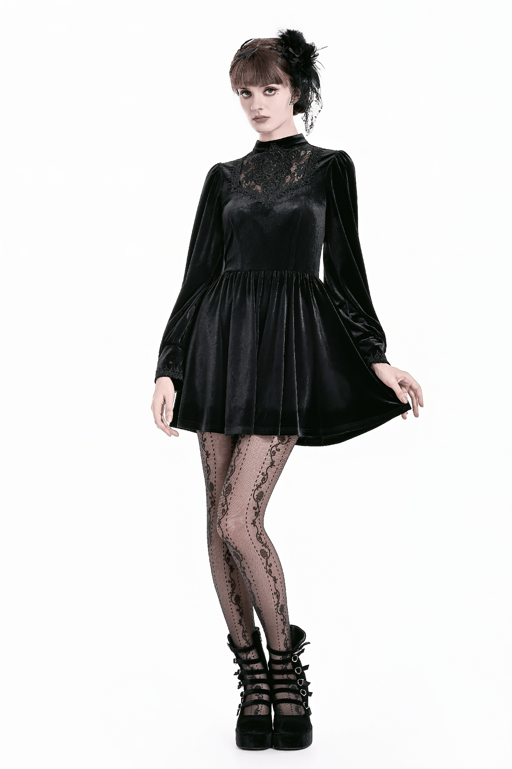 Women's Gothic Black Velvet Lace High Neck Mini Dress, Victorian dark romantic puff sleeve skater dress with sheer lace yoke