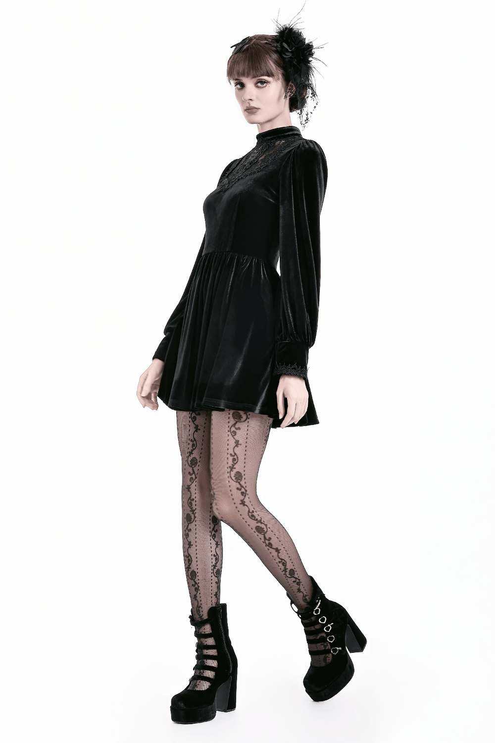Women's Gothic Black Velvet Lace High Neck Mini Dress with puff sleeves, lace yoke and flared skirt for dark romantic style