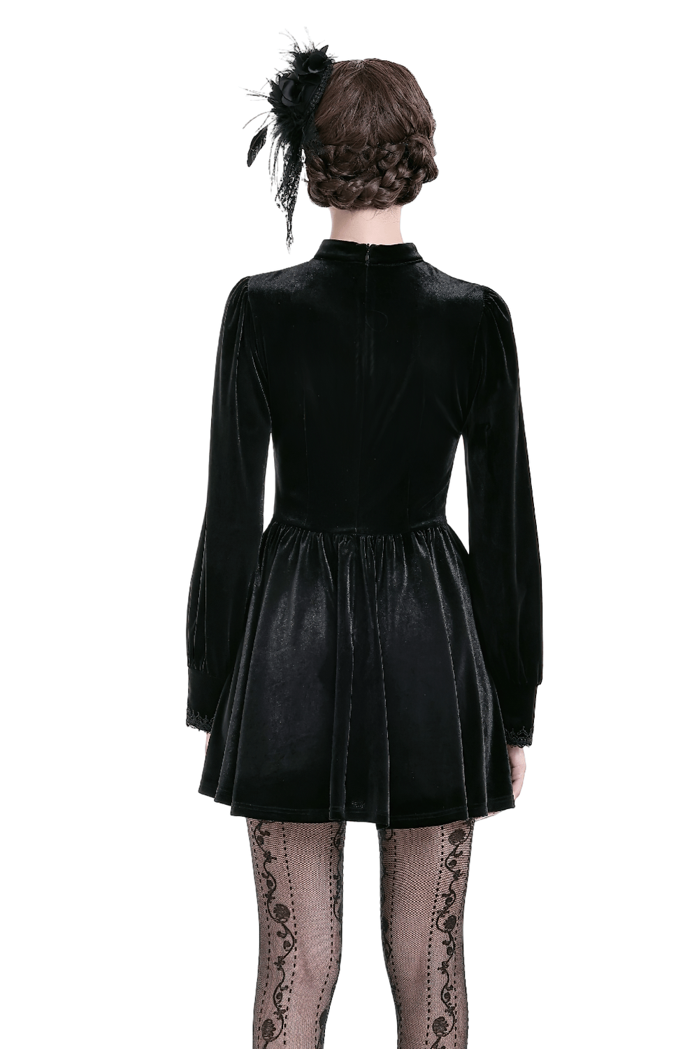 Women's Gothic Black Velvet Lace High Neck Mini Dress, Victorian dark romantic puff sleeve skater dress in black velvet