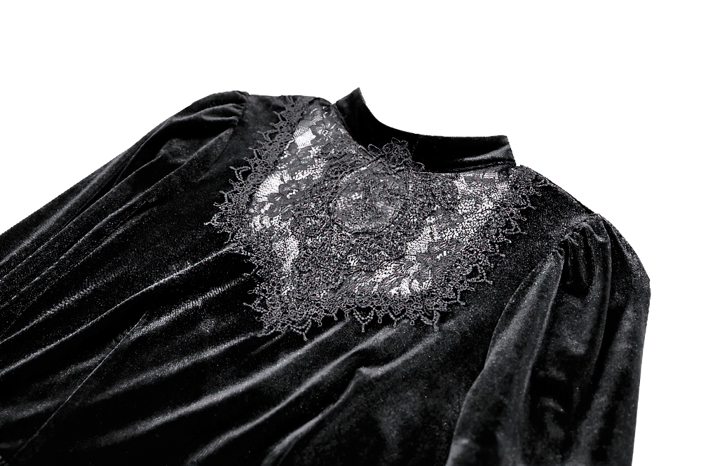Women's Gothic Black Velvet Lace High Neck Mini Dress with Victorian lace yoke and puff sleeves