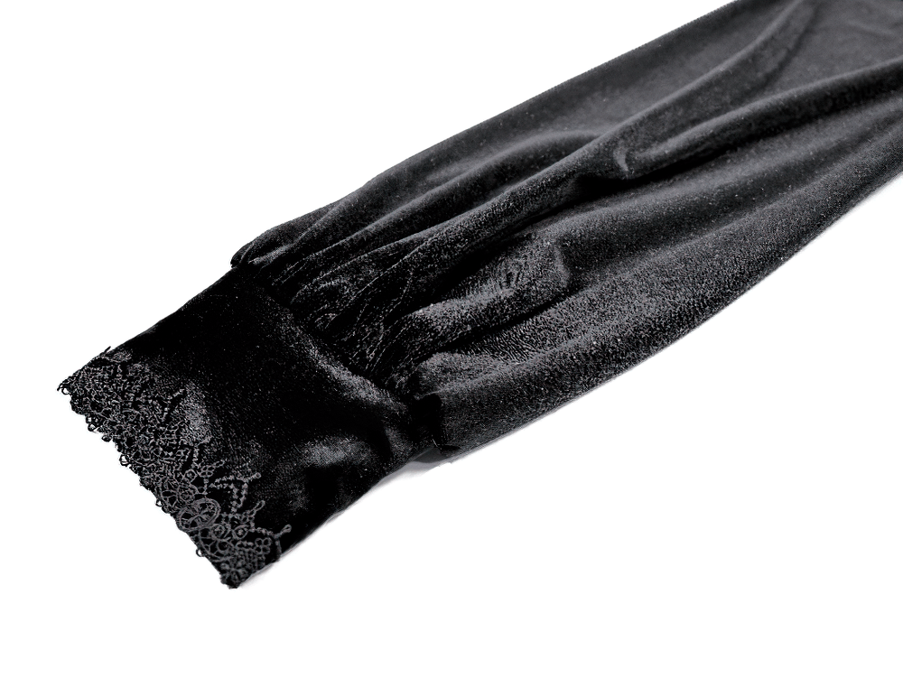 Women's Gothic Black Velvet Lace High Neck Mini Dress, black velvet sleeve with lace cuff detail