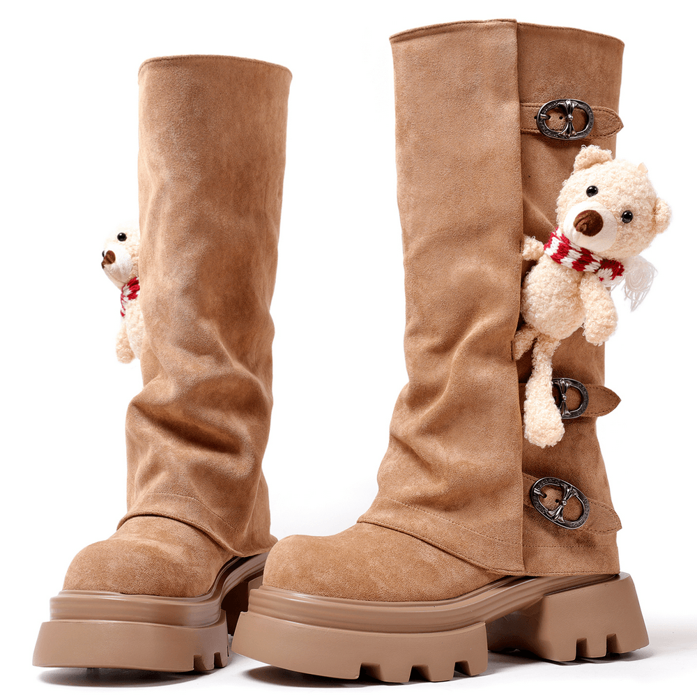 Women's Gothic Boots with Buckles and Teddy Bear brown knee-high boots with teddy bear detail