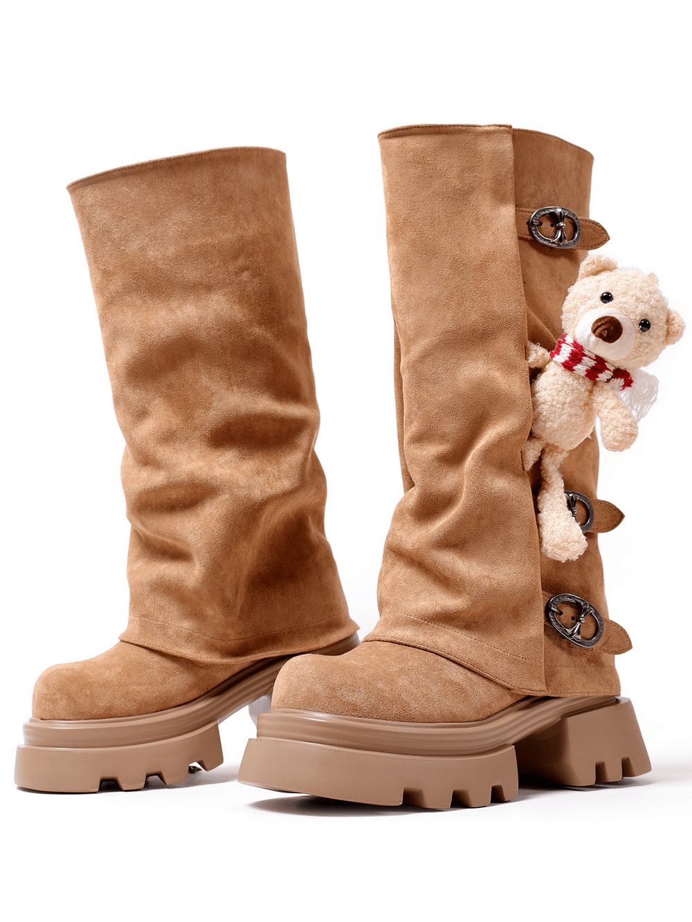 Women's Gothic Boots with Buckles and Teddy Bear, tan platform boots with teddy bear charm