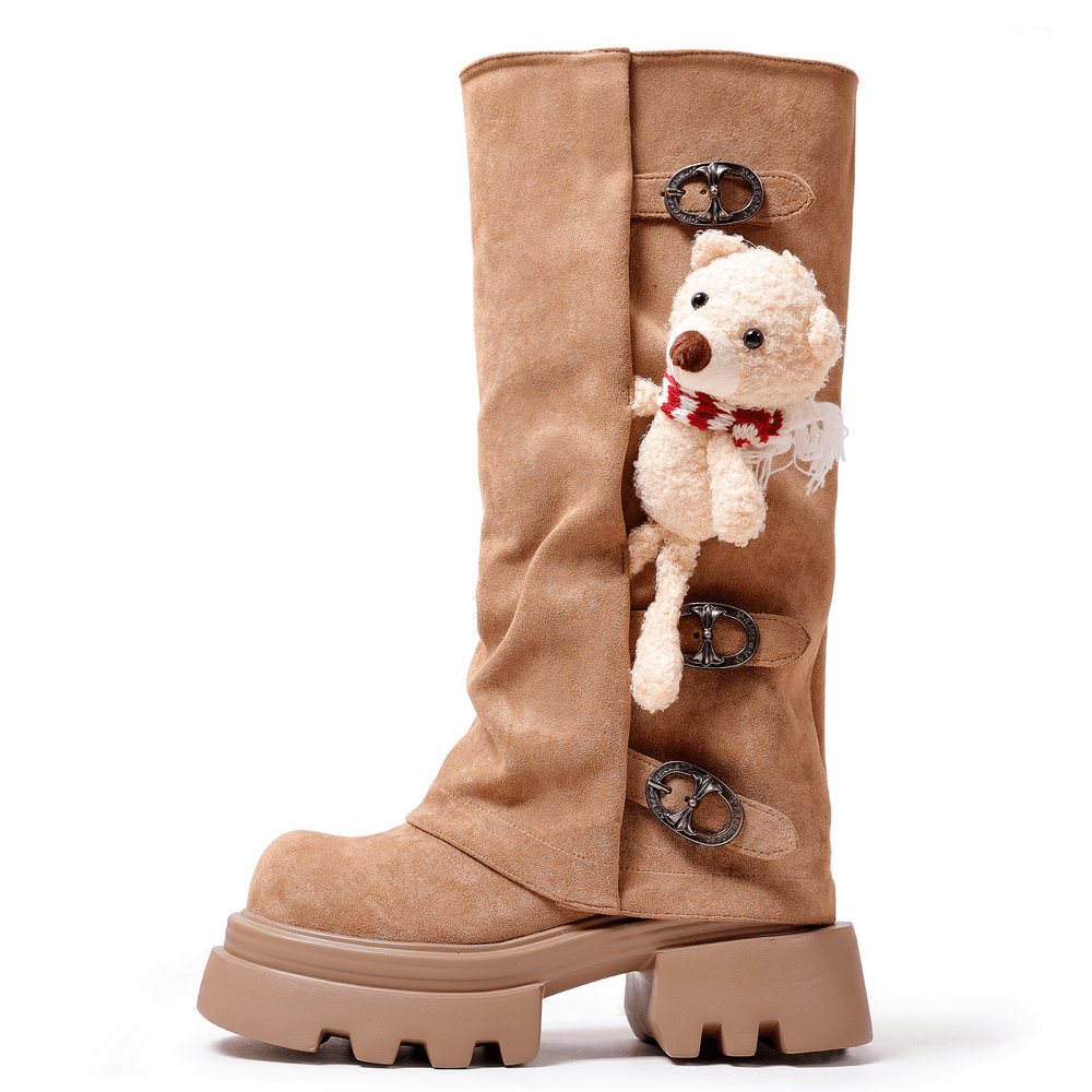 Women's Gothic Boots with Buckles and Teddy Bear tall tan boot with decorative buckles and plush teddy bear charm