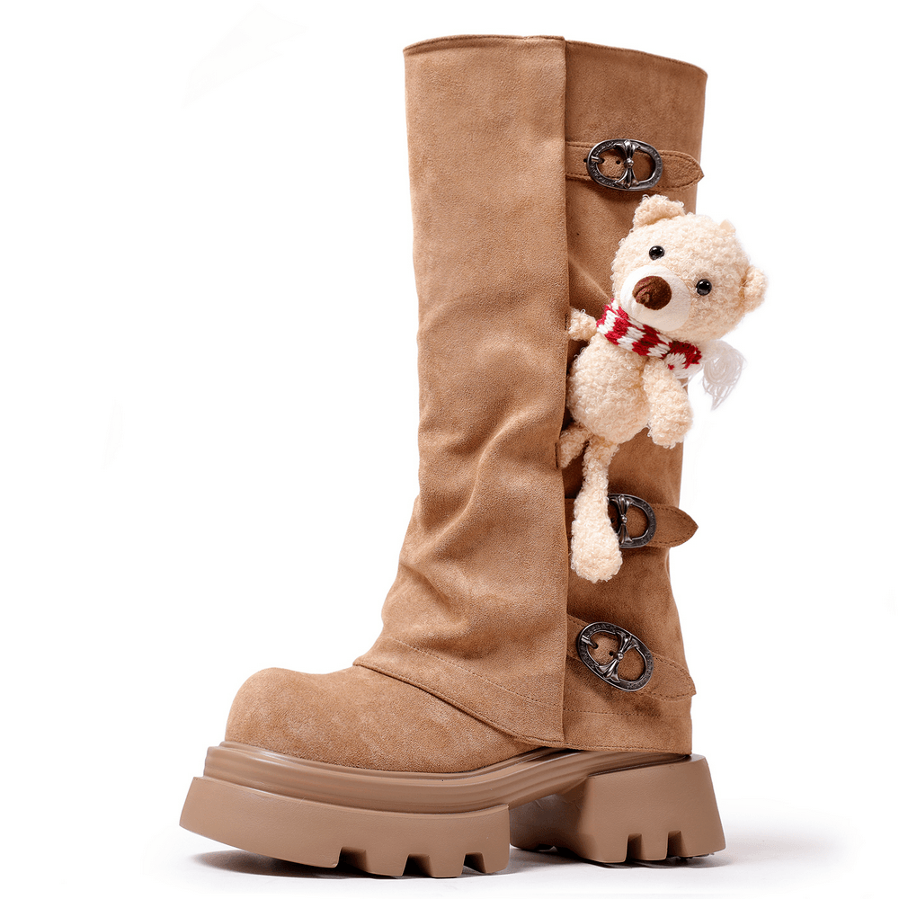 Women's Gothic Boots with Buckles and Teddy Bear, brown knee-high boot with teddy bear detail