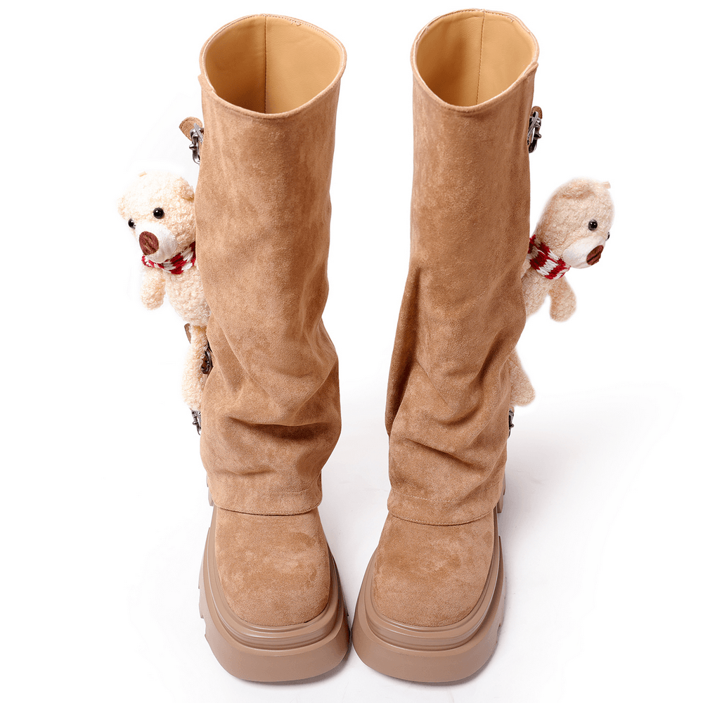 Women's Gothic Boots with Buckles and Teddy Bear, tall tan boots with cute teddy bear accents