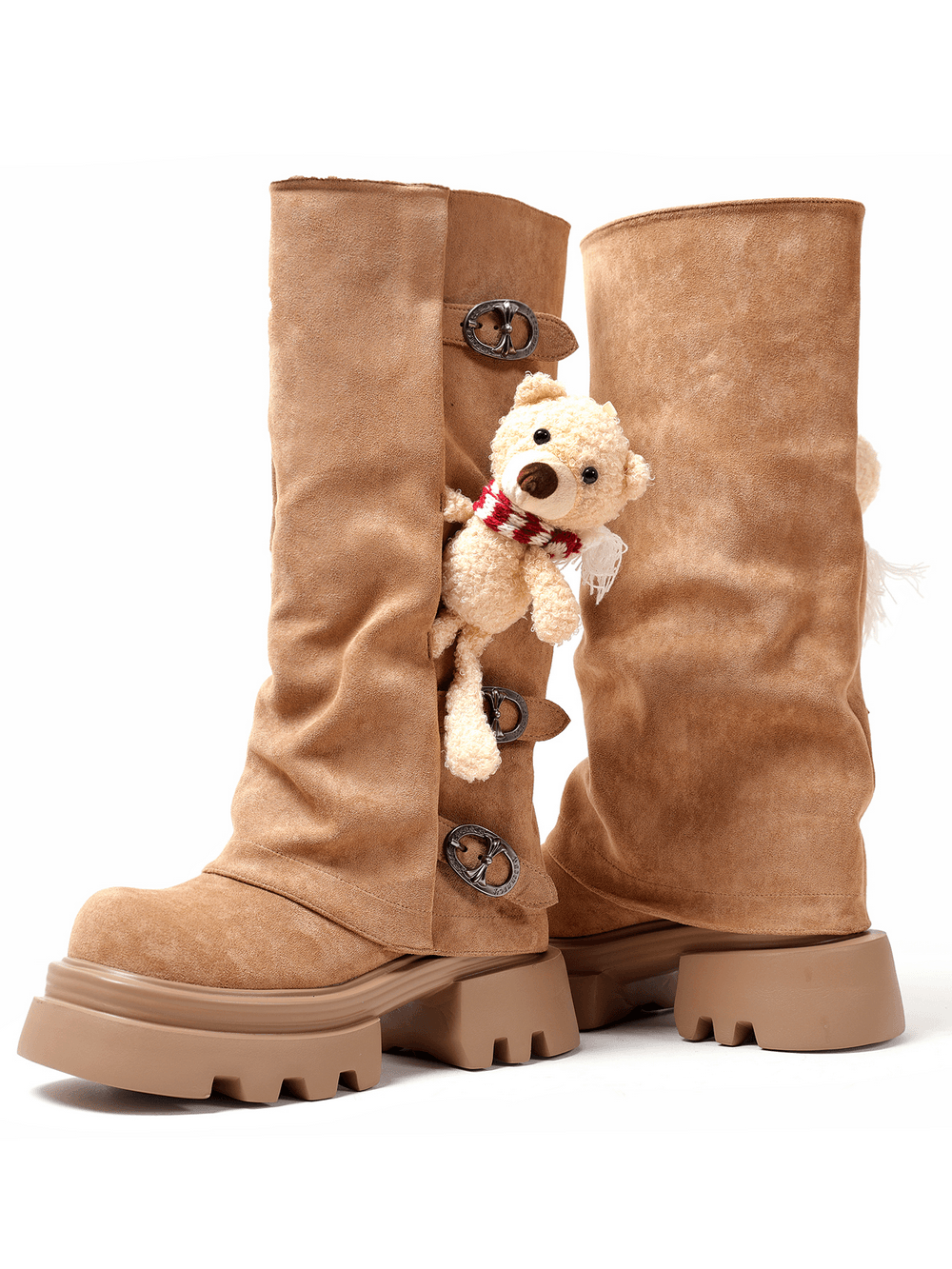 Women's Gothic Boots with Buckles and Teddy Bear tan suede platform boots with buckles and teddy bear charm