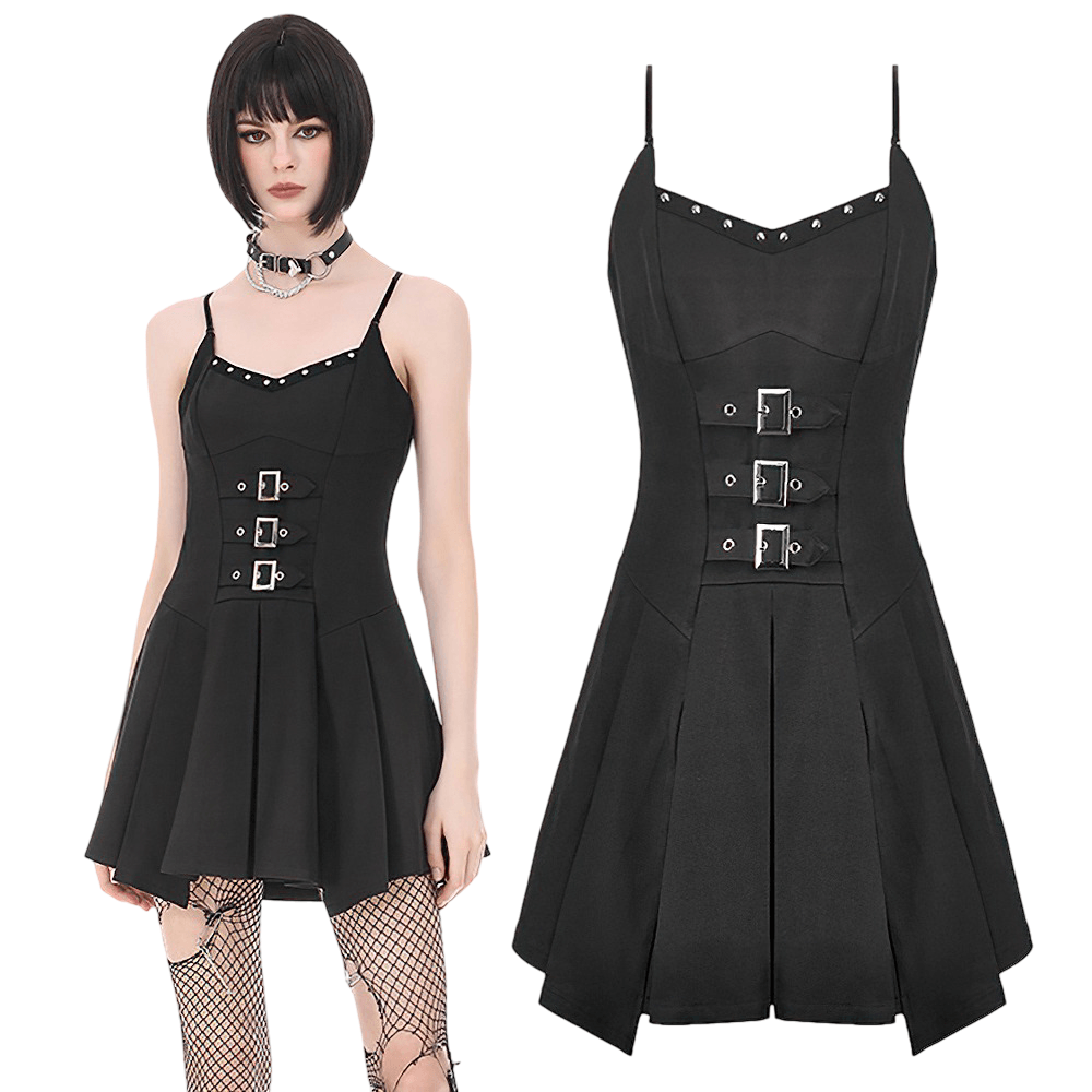 Women's Gothic Buckle Corset Mini Dress with Pleated Skirt in black featuring strappy design and decorative buckles.