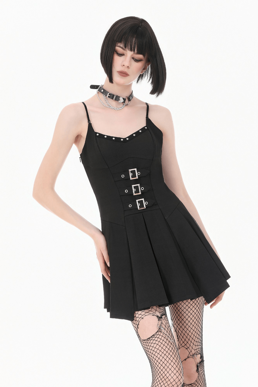 Women's Gothic Buckle Corset Mini Dress with Pleated Skirt on a model with a choker and fishnet stockings.