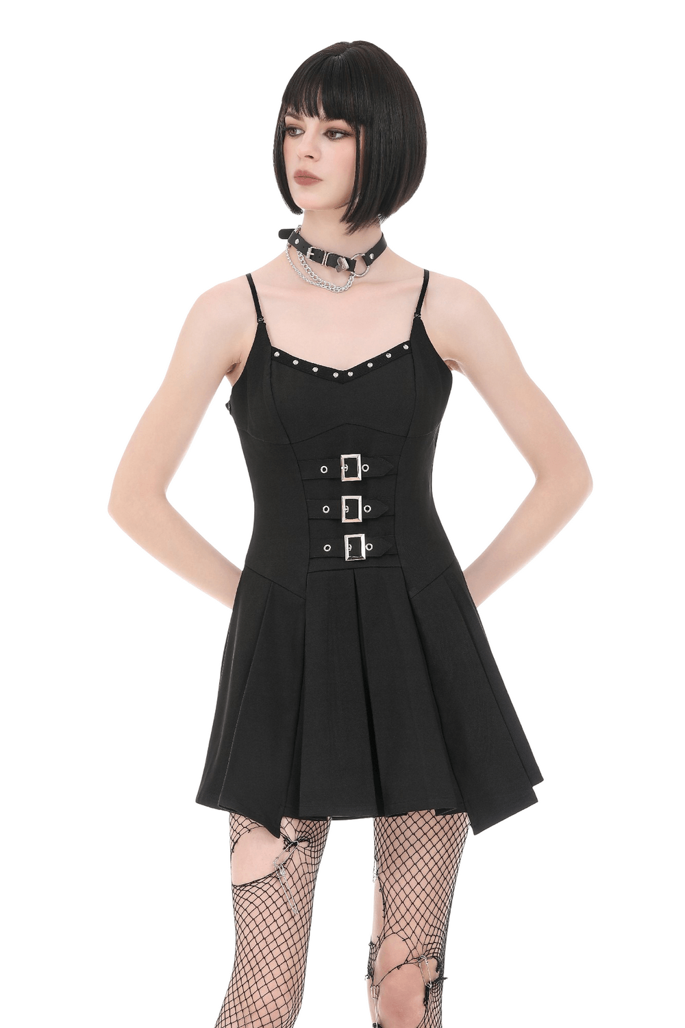 Women's Gothic Buckle Corset Mini Dress with Pleated Skirt worn by model, featuring buckles and a pleated skirt.