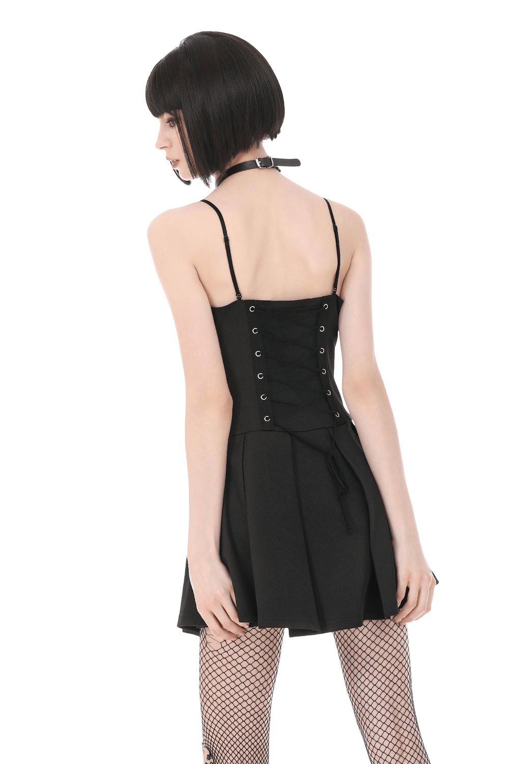 Women's Gothic Buckle Corset Mini Dress with Pleated Skirt