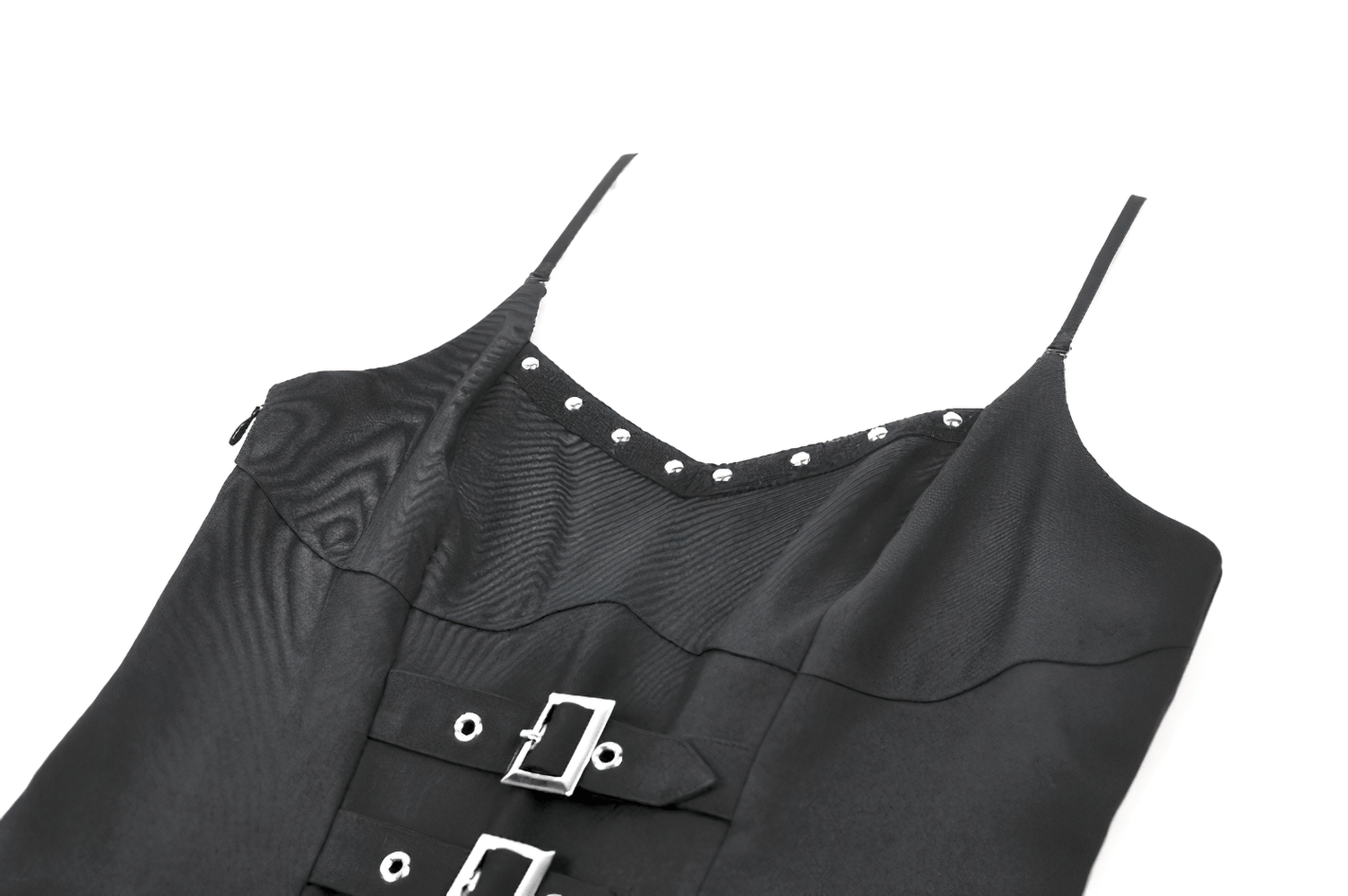 Women's Gothic Buckle Corset Mini Dress with Pleated Skirt featuring adjustable straps and decorative buckles.