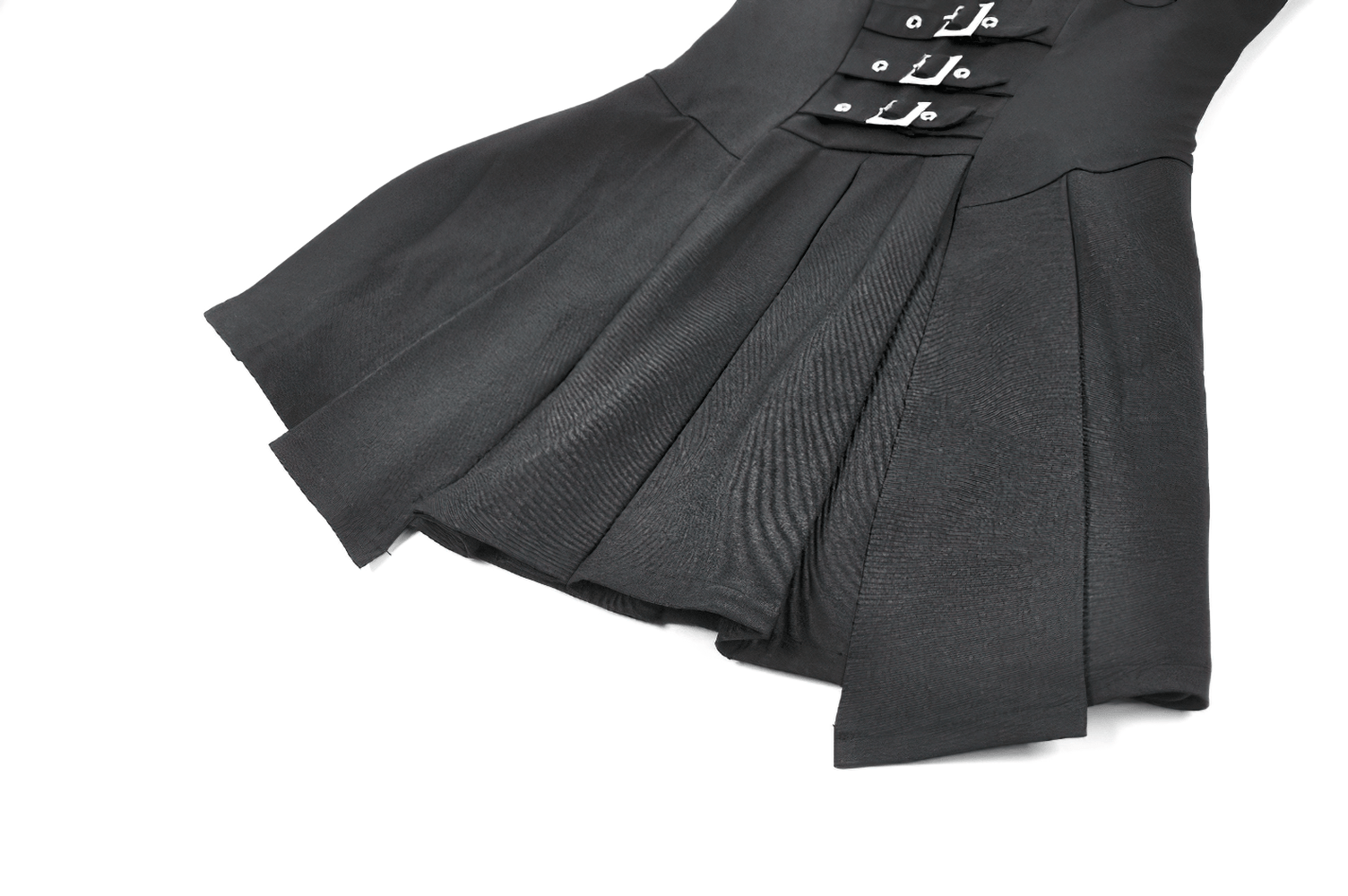Women's Gothic Buckle Corset Mini Dress with Pleated Skirt showing pleated skirt and decorative buckles detail.