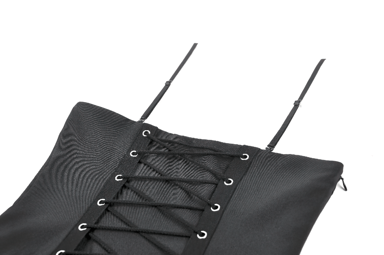 Close-up of Women's Gothic Buckle Corset Mini Dress with Pleated Skirt showing lace-up back and strappy detail.