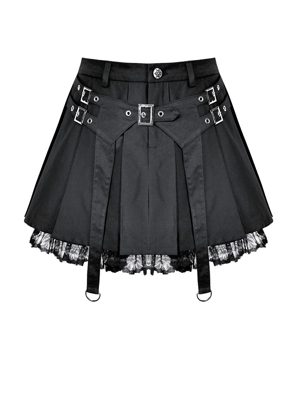 Women's Gothic Buckle Pleated Lace Mini Skirt with harness straps, buckles, and lace trim for punk goth style
