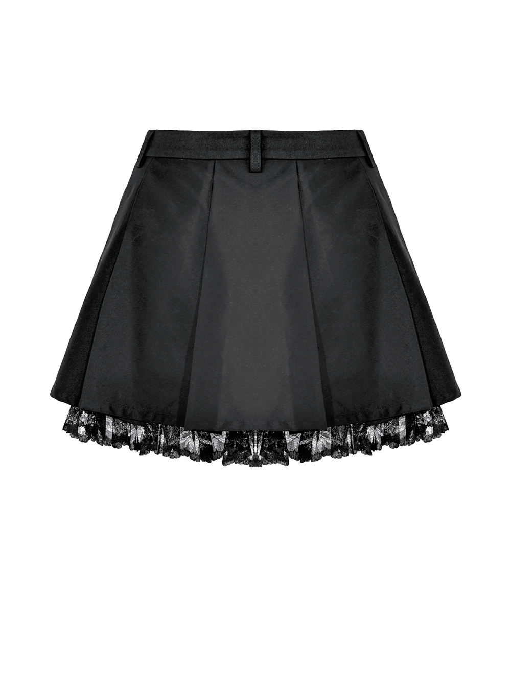 Women's Gothic Buckle Pleated Lace Mini Skirt with black pleats, lace hem, and punk-inspired buckle waist