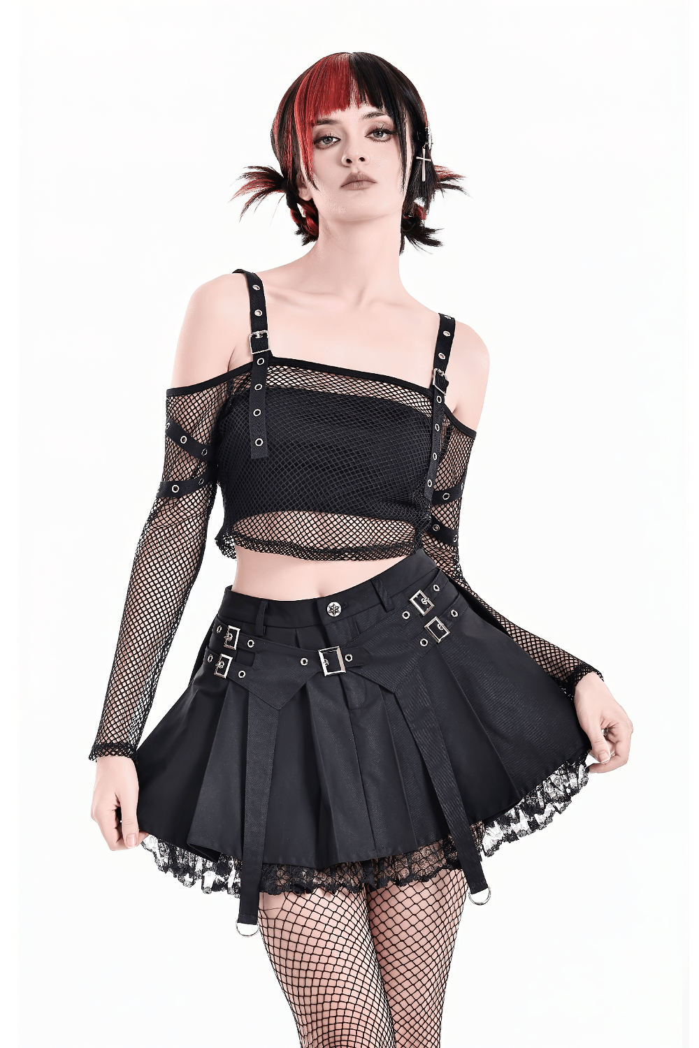 Women's Gothic Buckle Pleated Lace Mini Skirt with punk harness straps, layered lace trim, and bold D-ring details