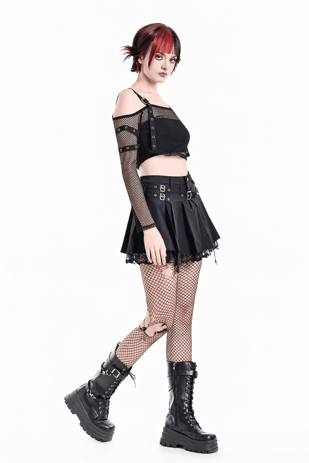 Women's Gothic Buckle Pleated Lace Mini Skirt with buckle straps, lace trim, and punk-style pleats for a bold goth look