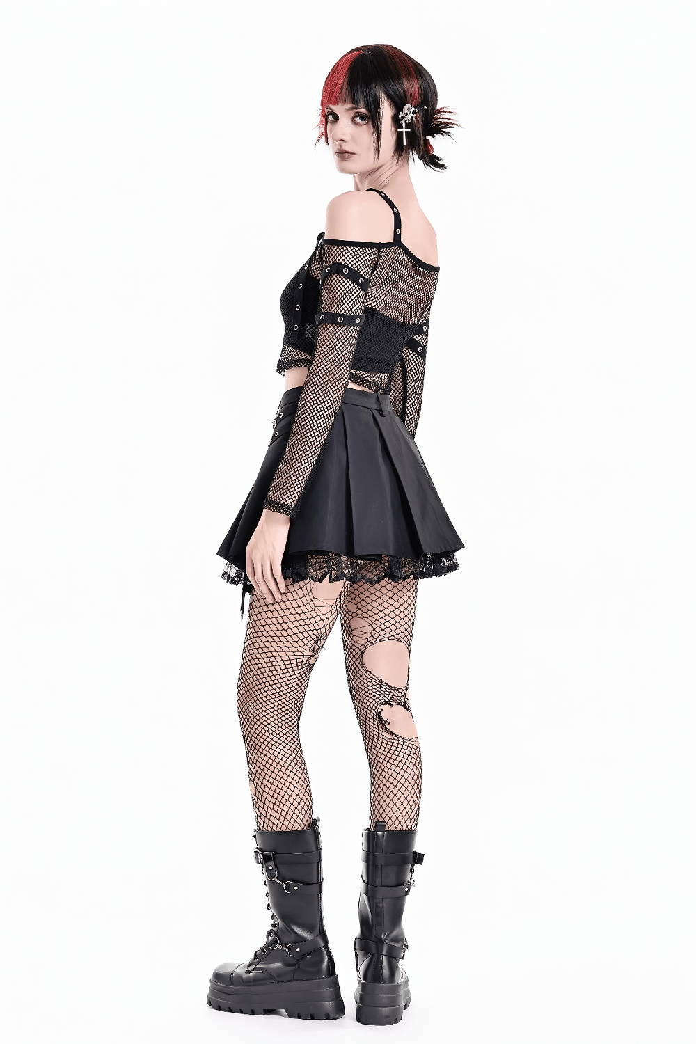 Women's Gothic Buckle Pleated Lace Mini Skirt with punk harness straps, layered lace trim, and D-ring details