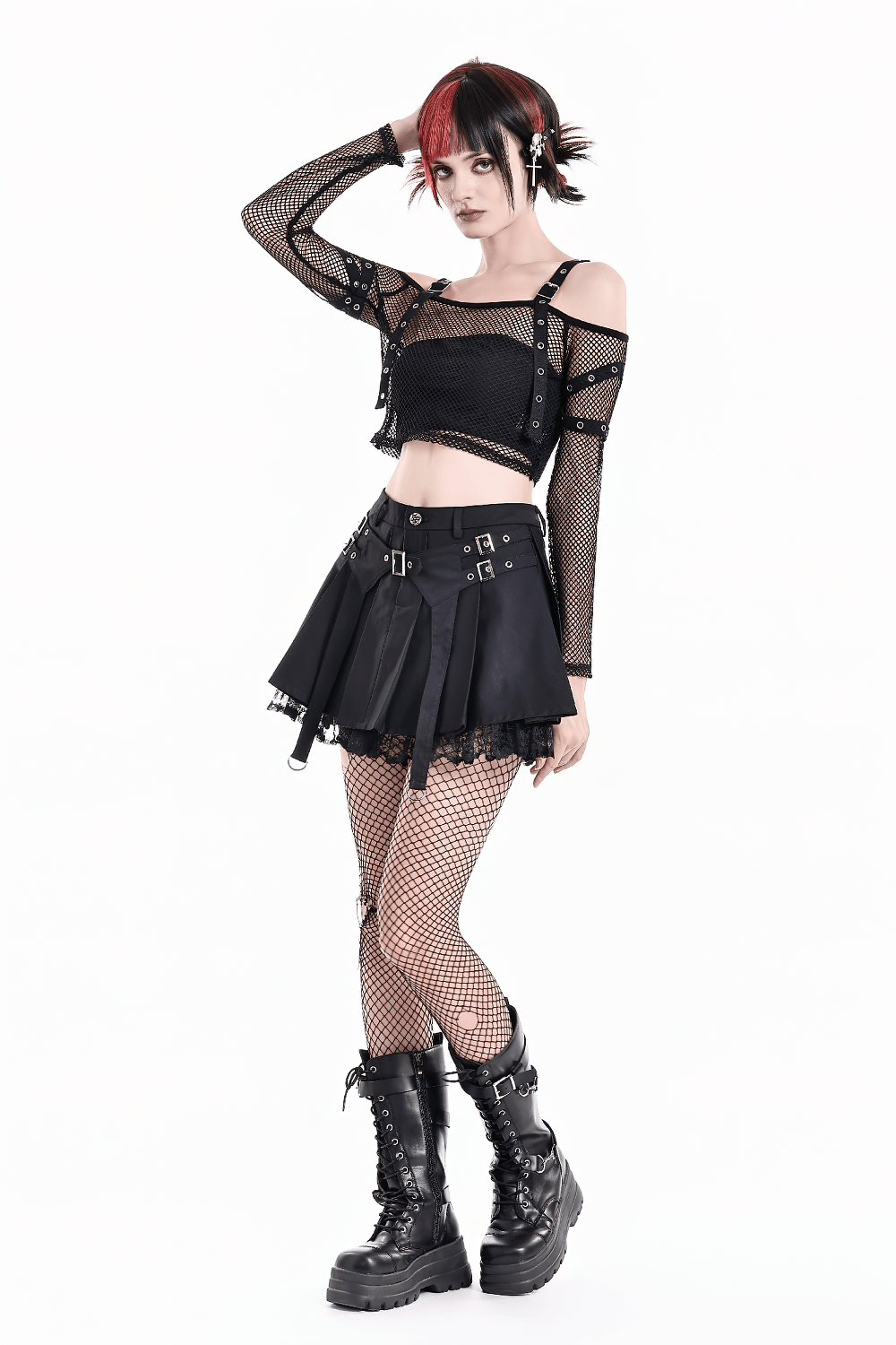 Women's Gothic Buckle Pleated Lace Mini Skirt with punk harness straps, pleats, lace trim, and D-ring details