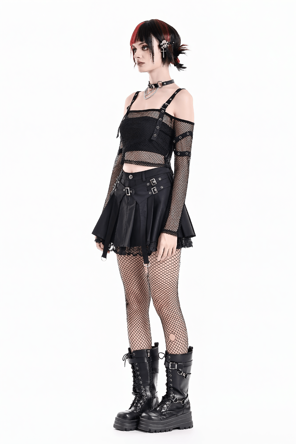Women's Gothic Buckle Pleated Lace Mini Skirt with punk harness straps, pleats, lace trim, and D-ring details
