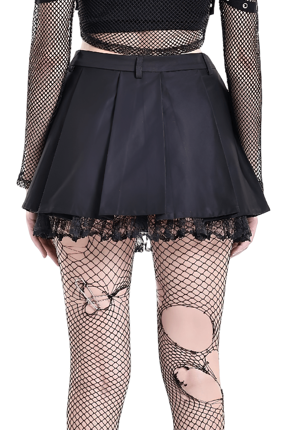 Women's Gothic Buckle Pleated Lace Mini Skirt with punk harness straps, lace trim, and dark alternative style
