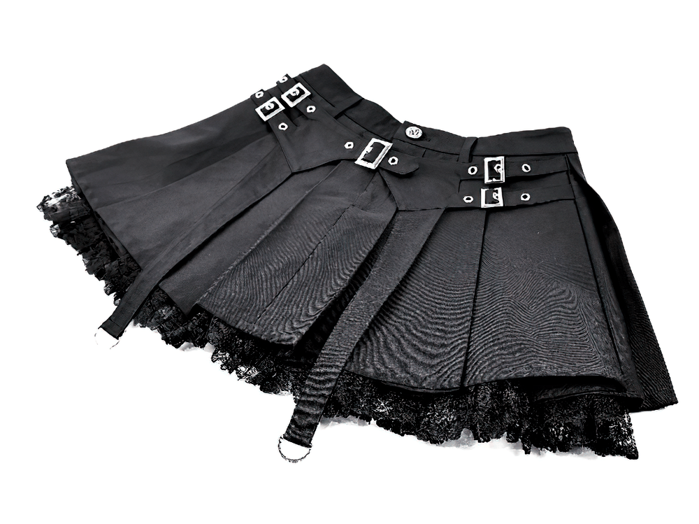 Women's Gothic Buckle Pleated Lace Mini Skirt with buckle harness straps, pleats, and lace trim in punk goth style