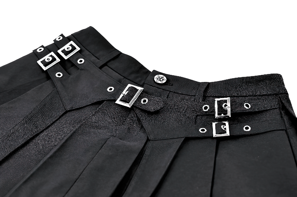 Women's Gothic Buckle Pleated Lace Mini Skirt with punk harness straps, silver buckles, and dark pleated detail