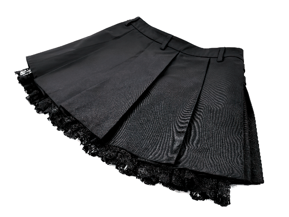 Women's Gothic Buckle Pleated Lace Mini Skirt, black punk mini skirt with pleats, lace trim, and buckle harness details