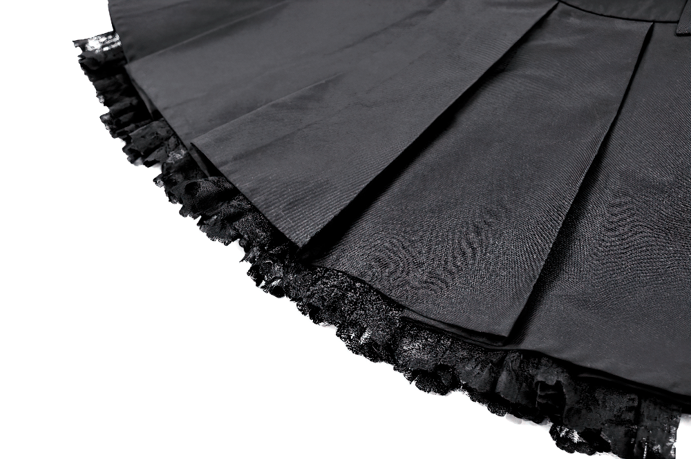 Women's Gothic Buckle Pleated Lace Mini Skirt, black punk mini skirt with pleats, lace trim, and edgy harness details