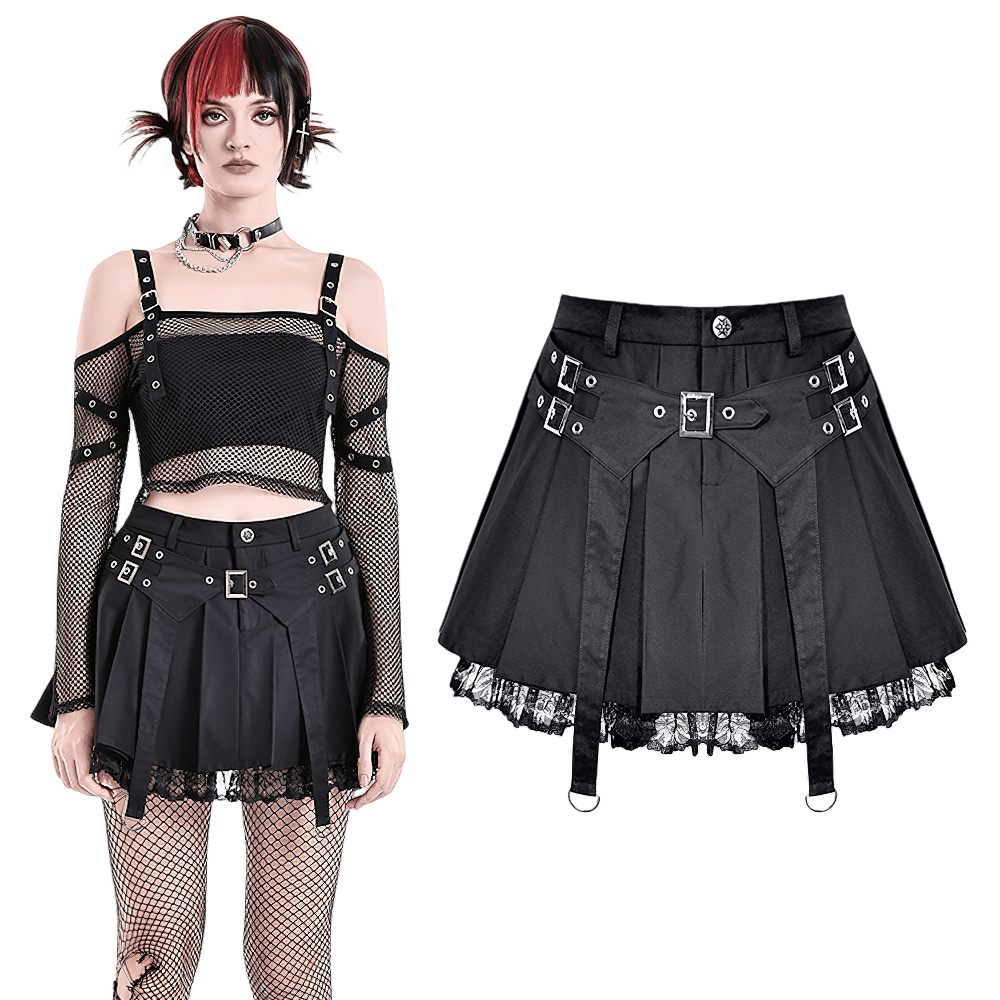 Women's Gothic Buckle Pleated Lace Mini Skirt in black with harness straps, metal buckles, pleats, and lace trim