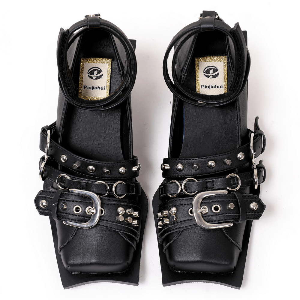 Women's Gothic Buckle Strap Heels with Sculpted Heels black square toe pumps with metal studs and buckle straps