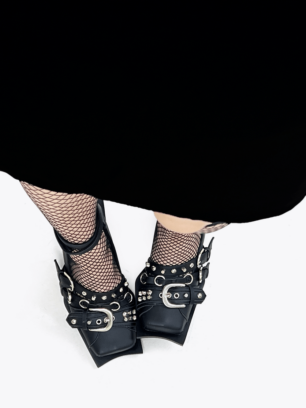 Women's Gothic Buckle Strap Heels with Sculpted Heels black studded punk pumps with fishnet styling