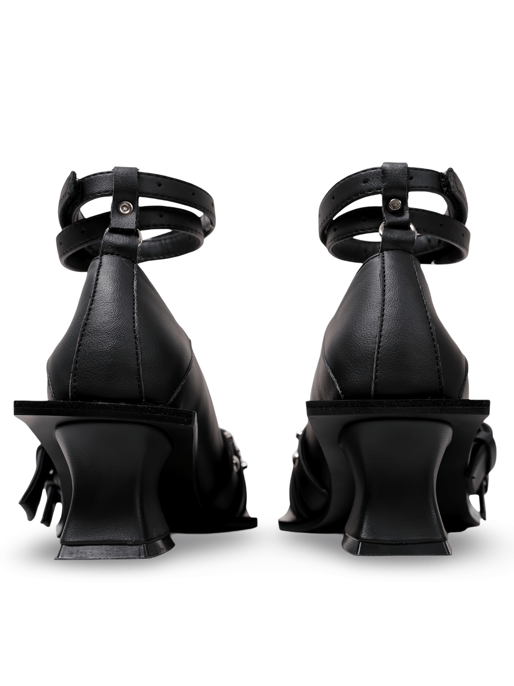Women's Gothic Buckle Strap Heels with Sculpted Heels, black square toe pumps with sculpted flared heels