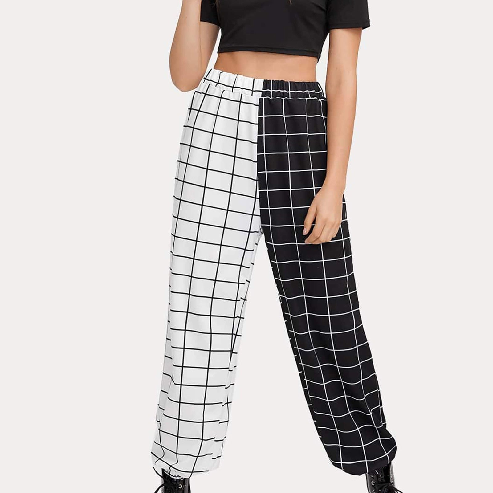 Women's Gothic Cargo Pants With Black-White Checkerboard Print / High Waist Long Pants - HARD'N'HEAVY