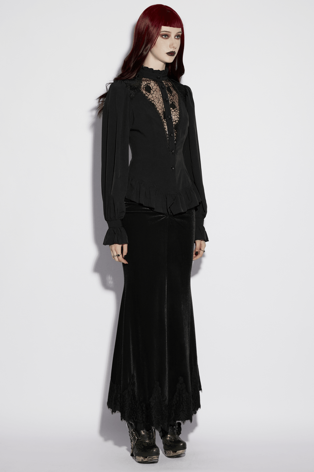 Women's Gothic Chiffon Lace Blouse with Ruffle Collar showcased in elegant black attire.