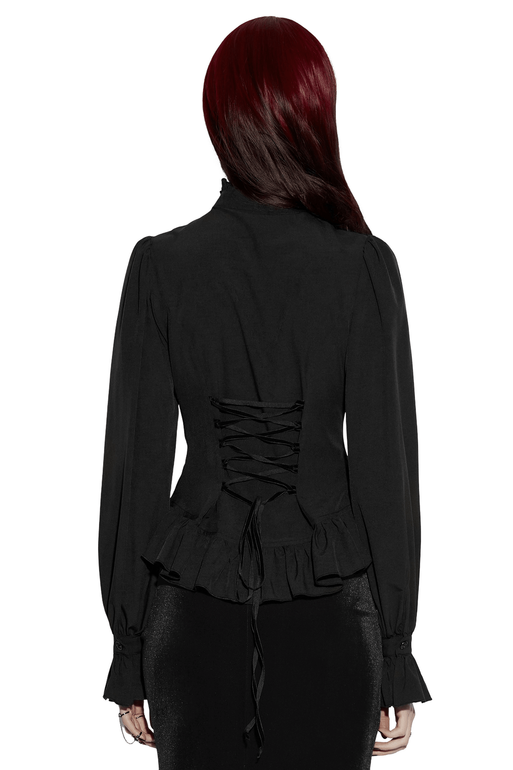 Women's Gothic Chiffon Lace Blouse with Ruffle Collar shown from the back with lace-up details.
