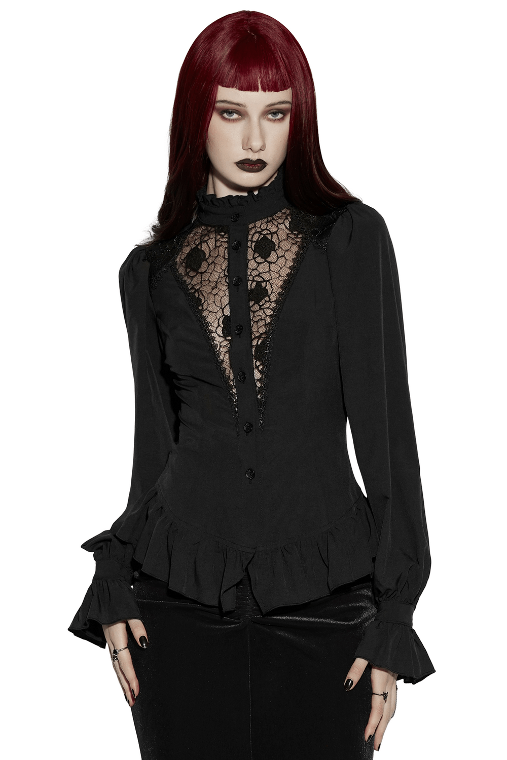 Women's Gothic Chiffon Lace Blouse with Ruffle Collar, featuring intricate lace detail and stylish ruffles.