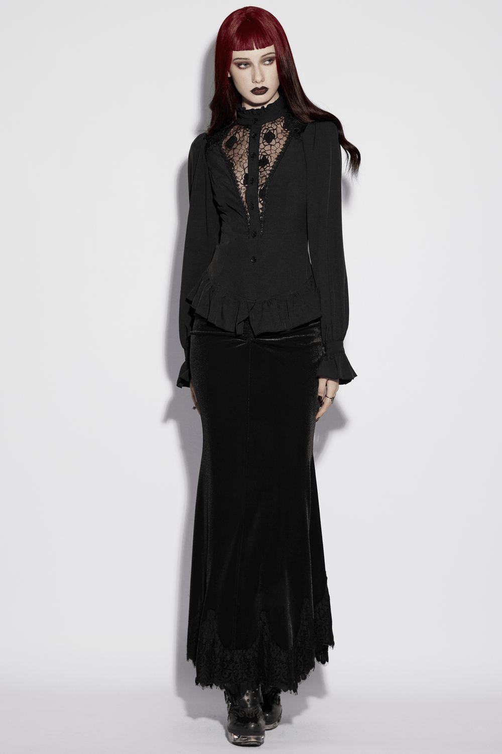 Women's Gothic Chiffon Lace Blouse with Ruffle Collar worn with a flowing black skirt, showcasing gothic elegance.