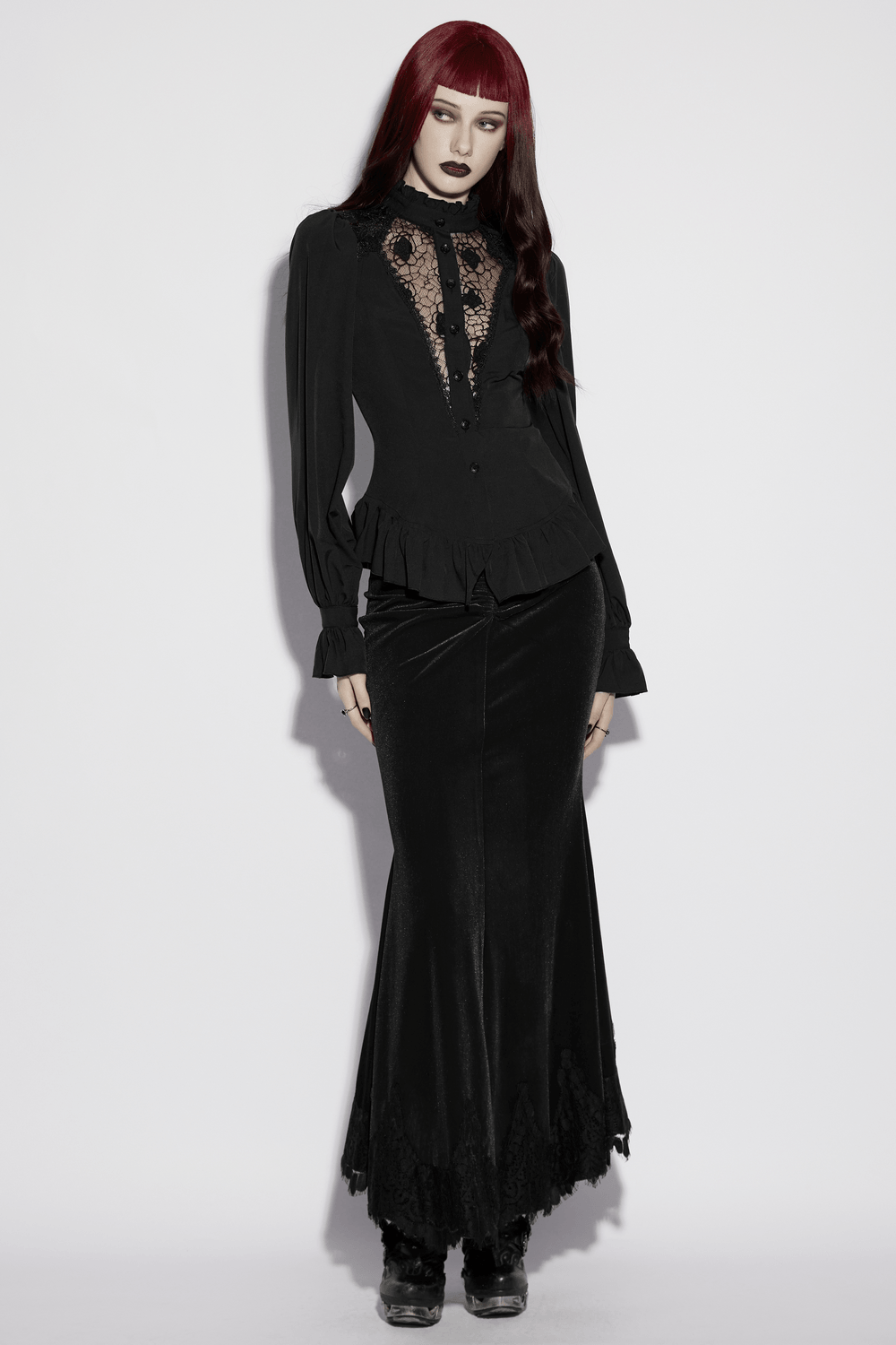 Women's Gothic Chiffon Lace Blouse with Ruffle Collar, elegant black outfit with intricate lace details.