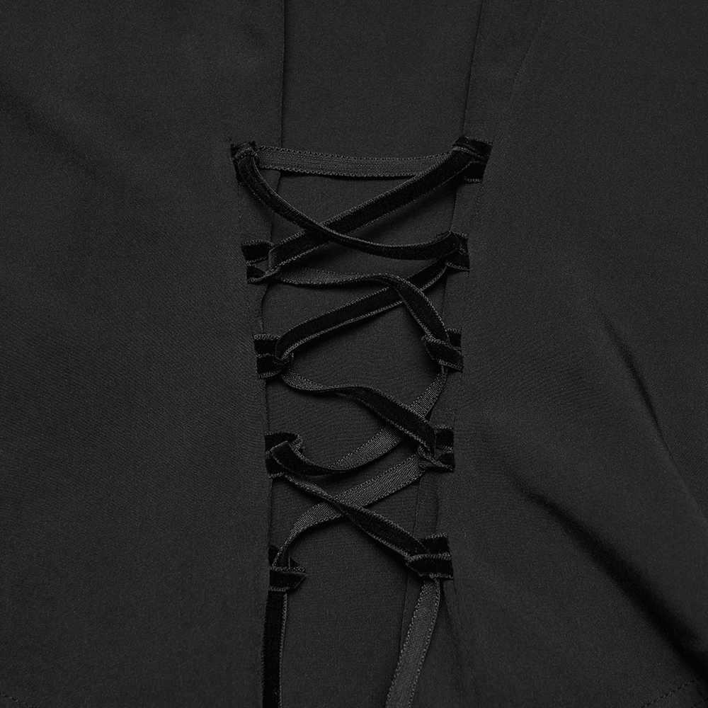 Close-up of lace detail on Women's Gothic Chiffon Lace Blouse with Ruffle Collar showcasing elegant black ribbons.