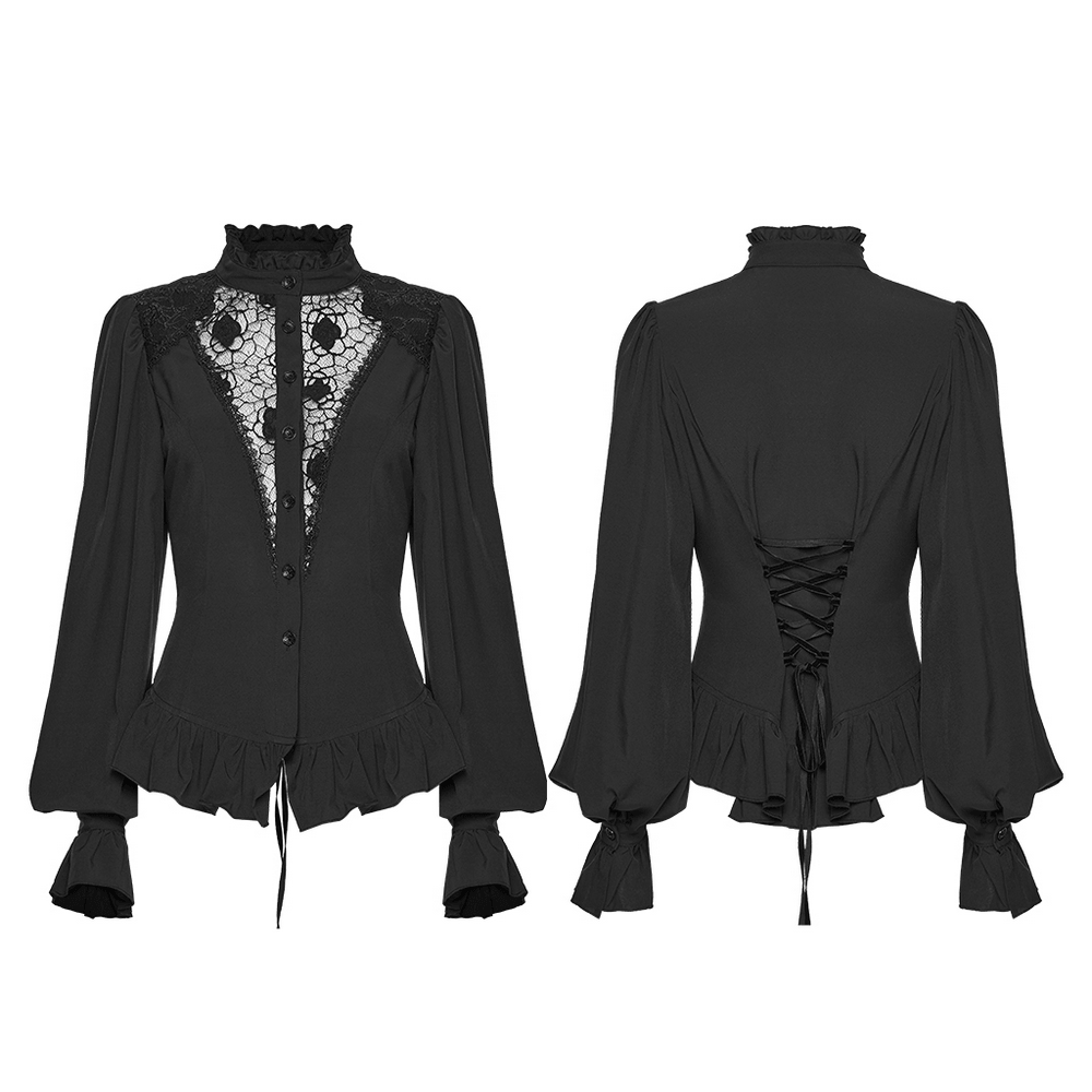 Women's Gothic Chiffon Lace Blouse with Ruffle Collar in black with lace detailing and ruffled sleeves.