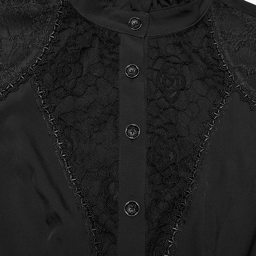 Close-up of Women's Gothic Chiffon Lace Blouse with Ruffle Collar showcasing intricate lace detailing.